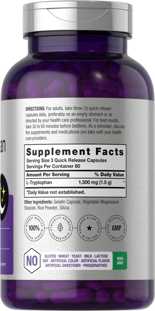 Front view of Horbäach L-Tryptophan 1500mg bottle, 240-count