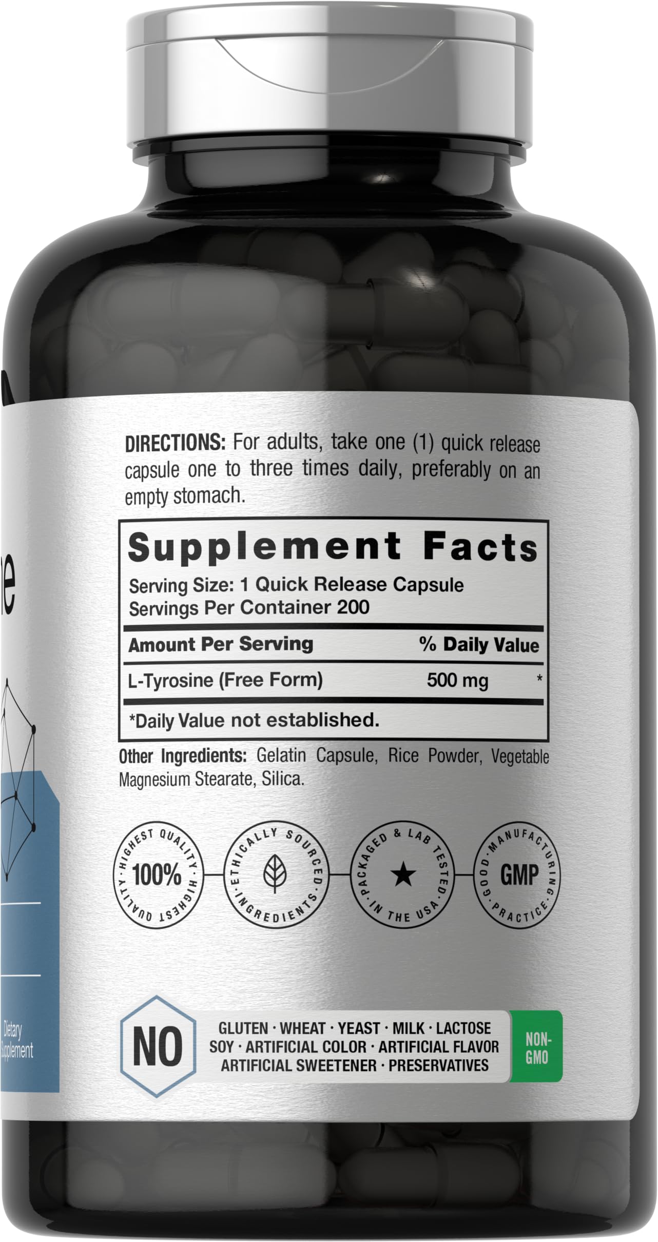 Close-up of L-Tyrosine 500mg Free Form capsule