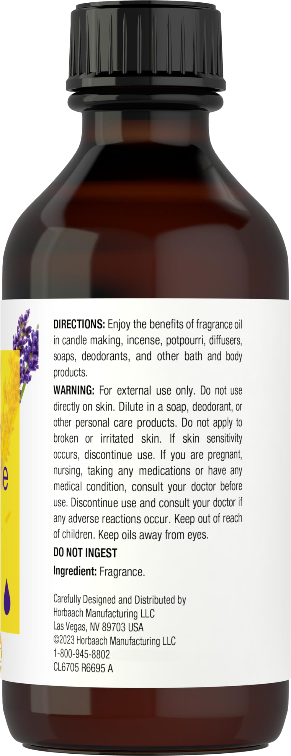 Close-up of Horbäach Lavender Chamomile Fragrance Oil in amber bottle