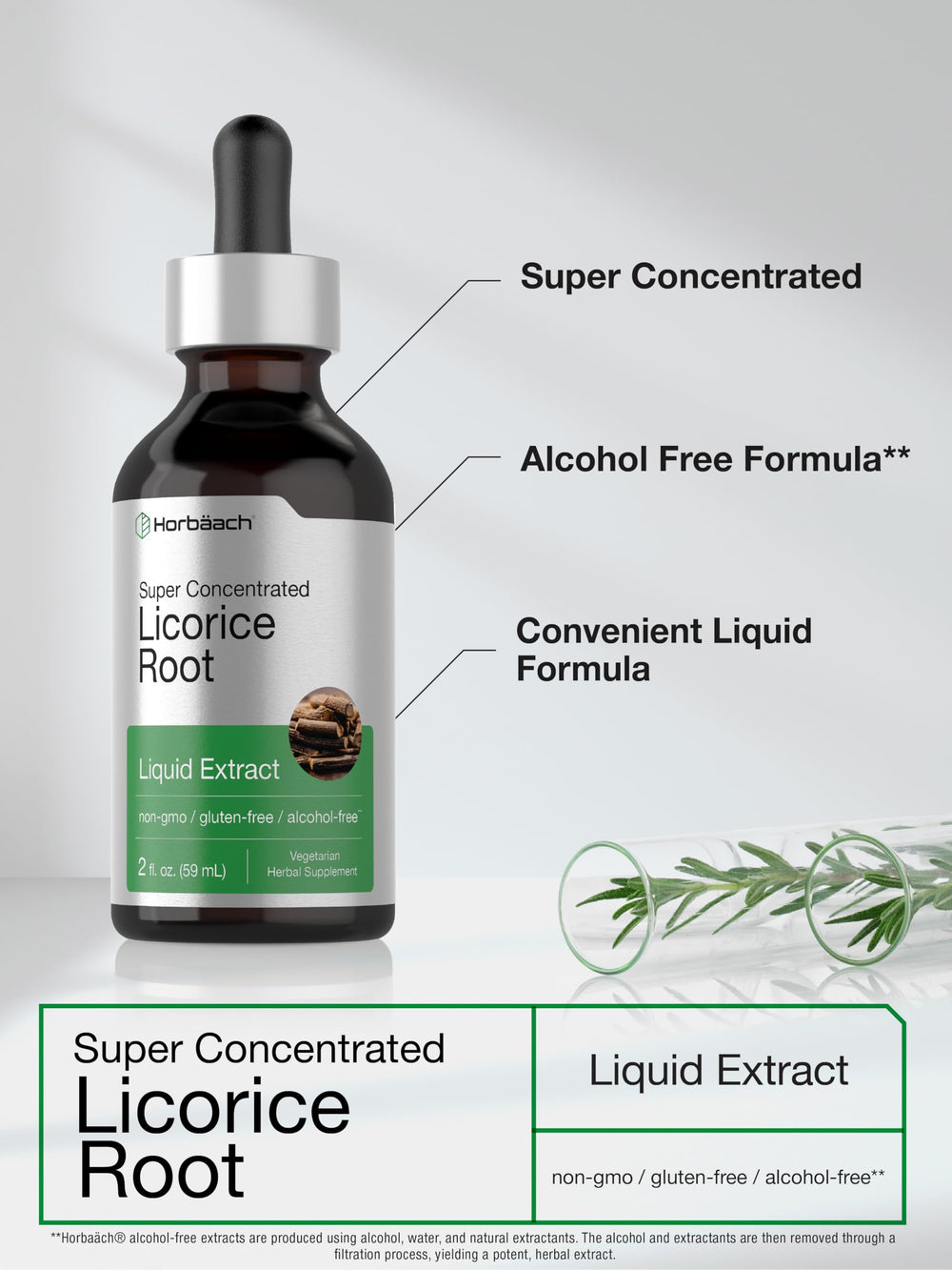Close-up of Horbäach Licorice Root Extract bottle showing 2 oz size