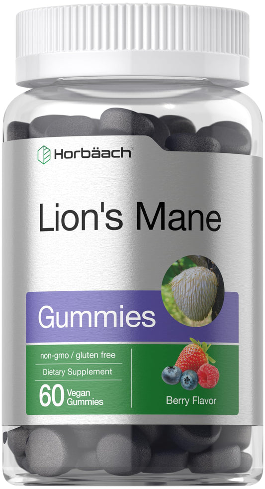 Bottle of Horbäach Lion's Mane Supplement 60 vegan gummies