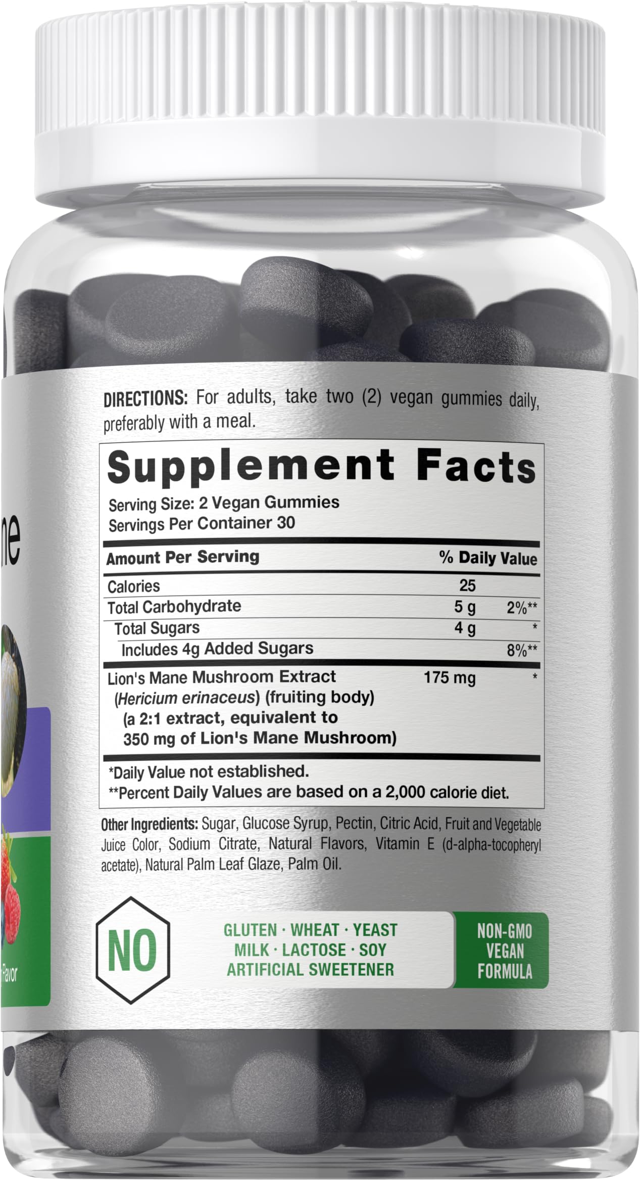 Label showing 175 mg Lion's Mane Mushroom Extract per serving