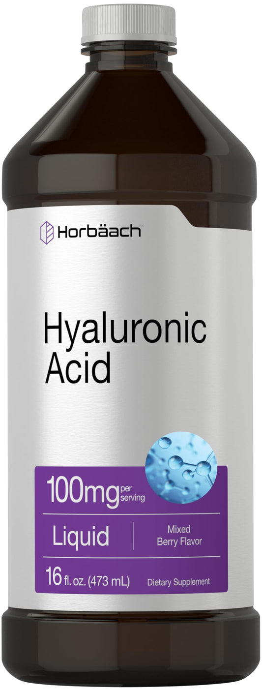 Bottle label for Horbaach Liquid Hyaluronic Acid 100 mg per tablespoon, 16 oz, Mixed Berry flavor