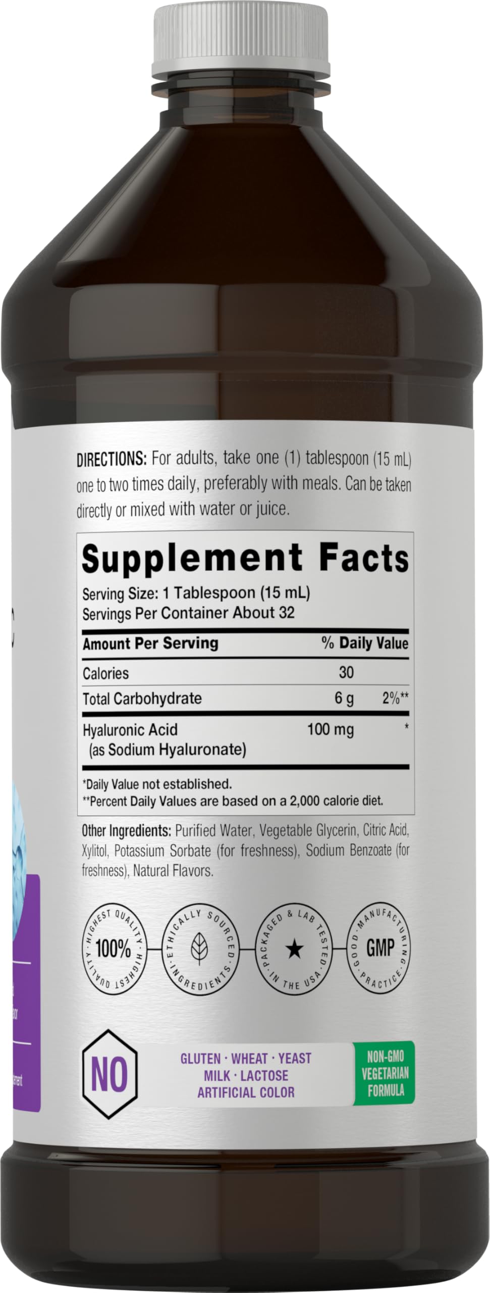 Front view of Horbaach Hyaluronic Acid liquid supplement bottle with Mixed Berry flavor