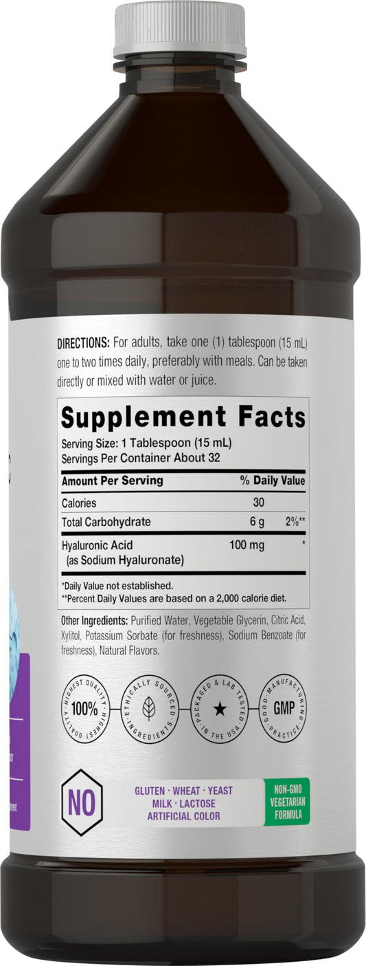 Front view of Horbaach Hyaluronic Acid liquid supplement bottle with Mixed Berry flavor