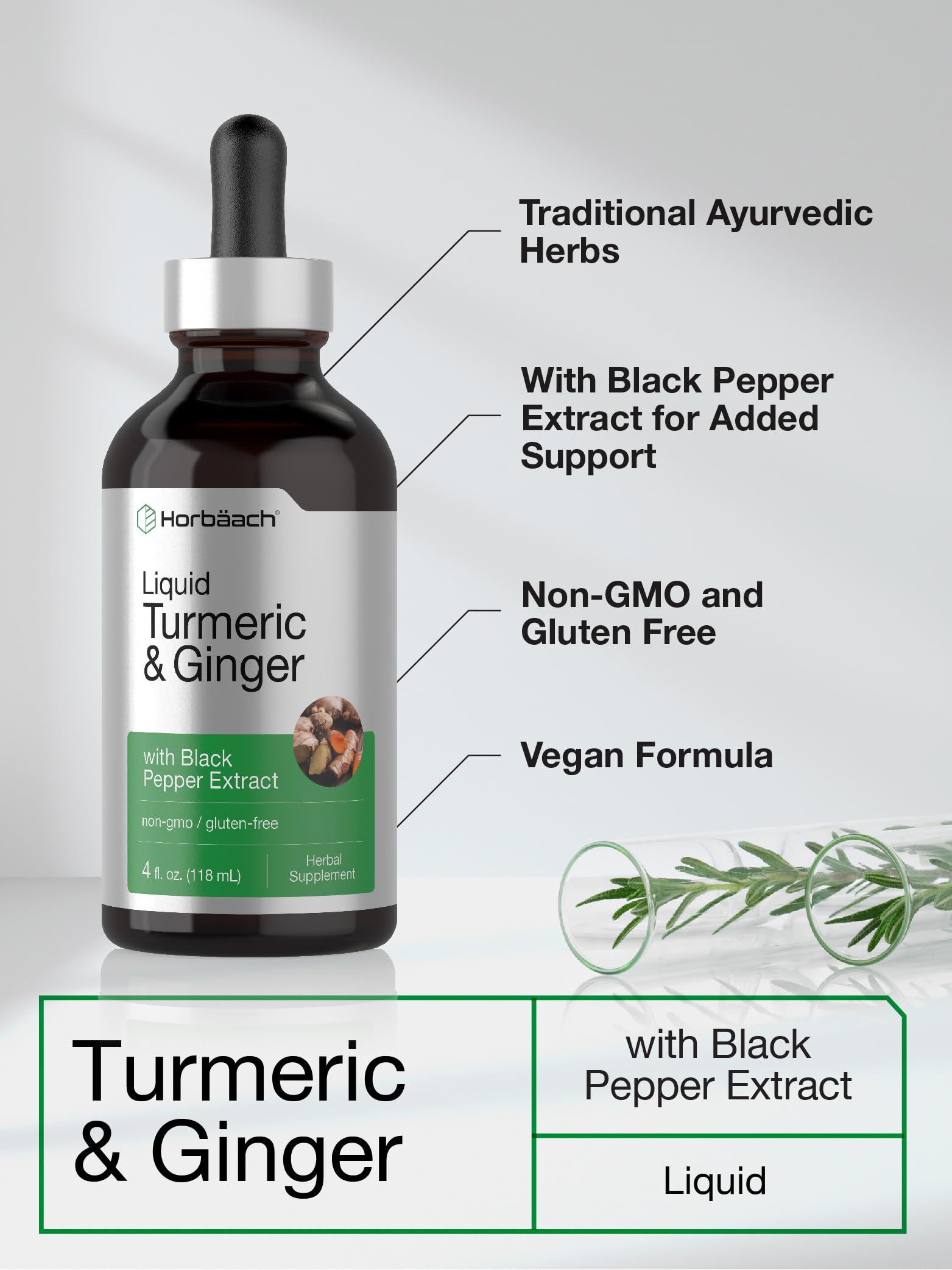 Liquid tincture ingredients showing turmeric and ginger