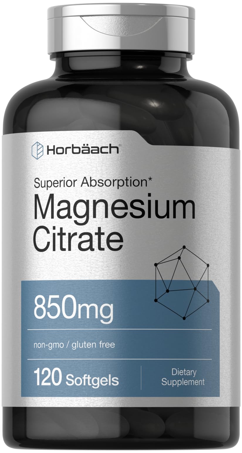 Horbäach Magnesium Citrate bottle and label - 850 mg per softgel