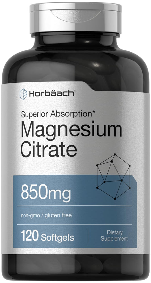 Horbäach Magnesium Citrate bottle and label - 850 mg per softgel
