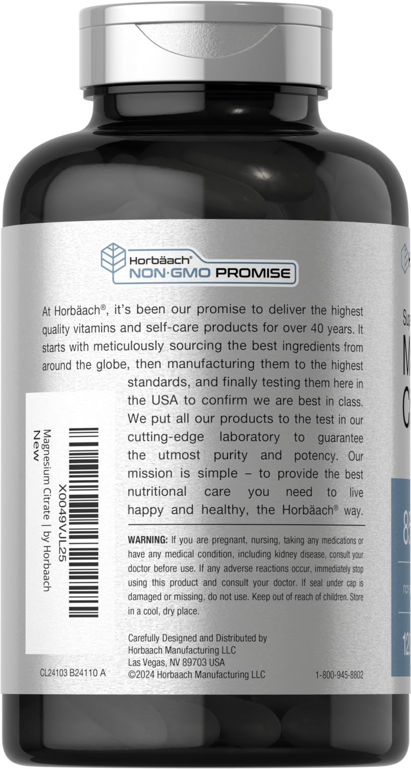 Non-GMO and Gluten Free Horbäach Magnesium Citrate logo visuals