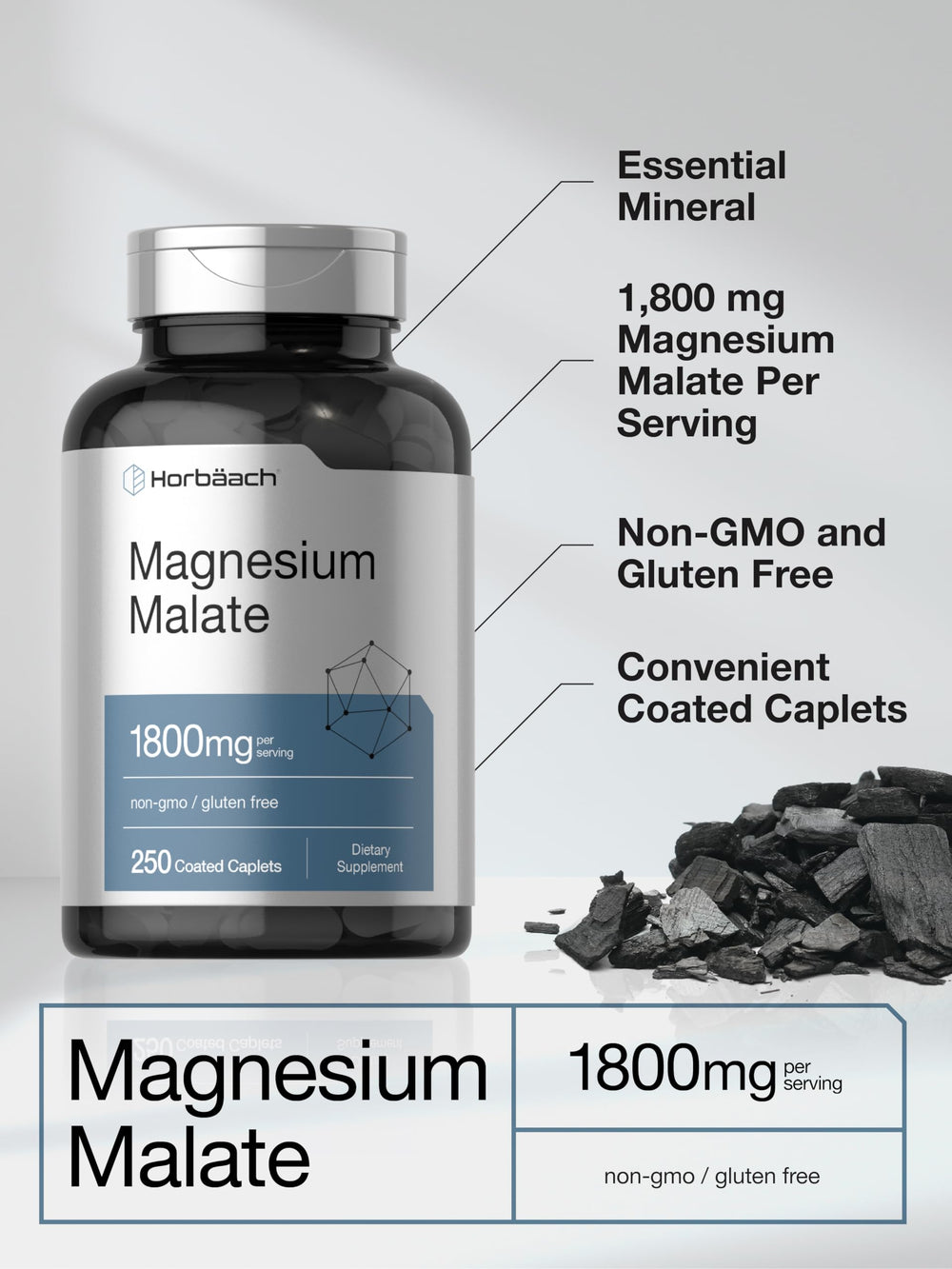 Front view of Horbaach Magnesium Malate 1800mg container