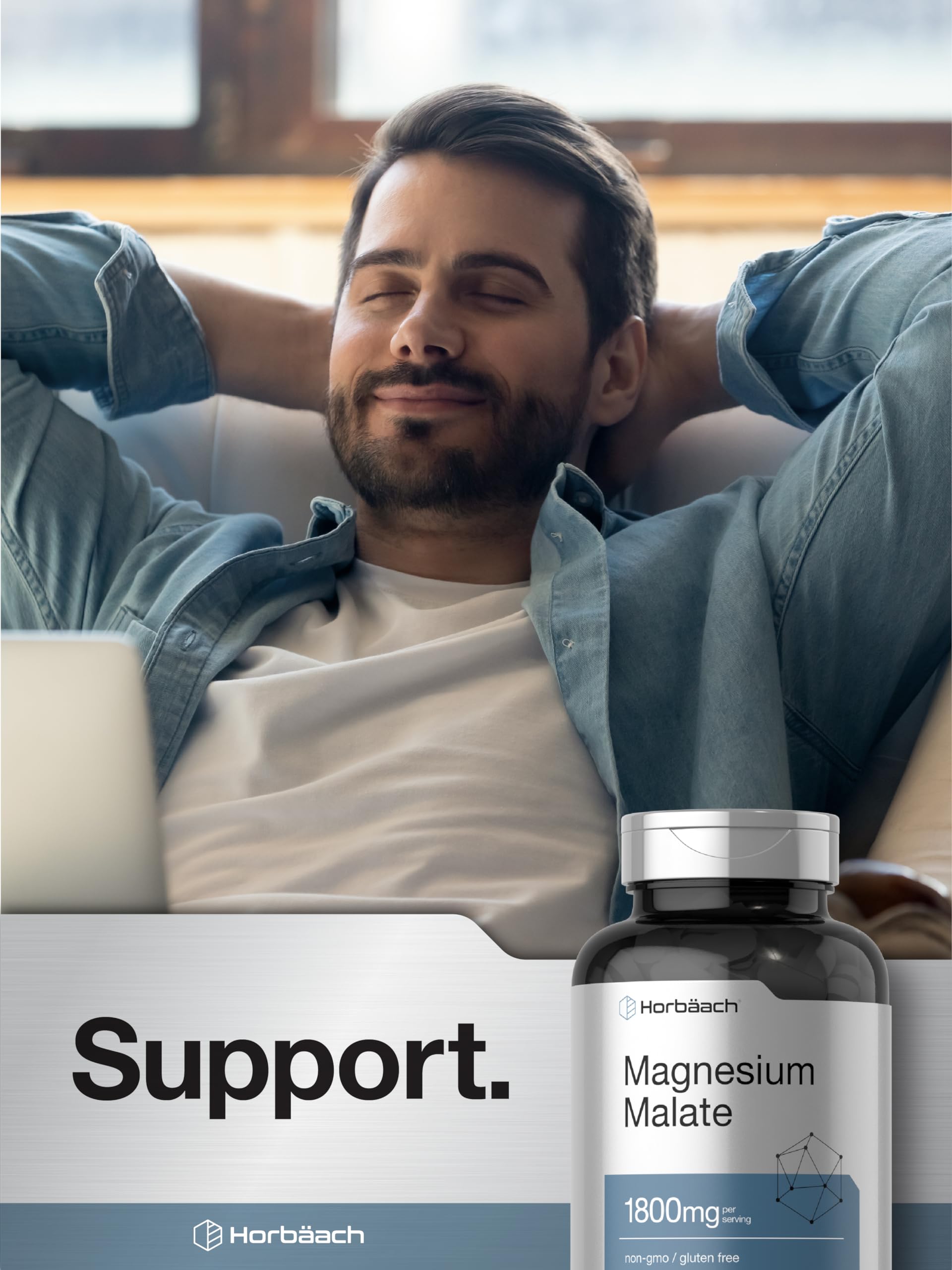 Lifestyle shot of Horbaach Magnesium Malate bottle on a kitchen counter
