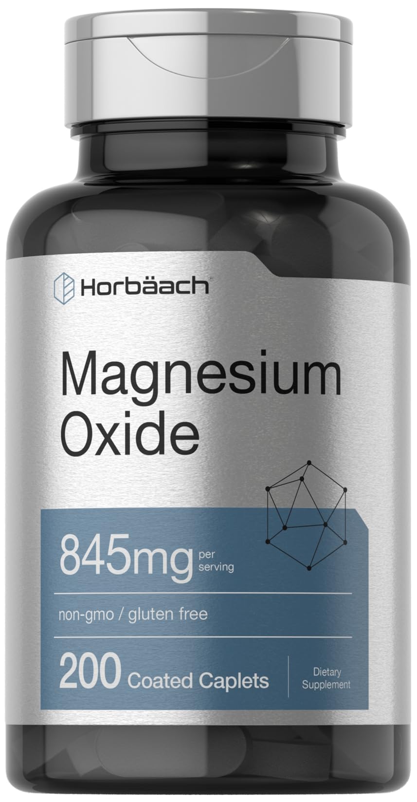 Front view of Horbaach Magnesium Oxide 845 mg bottle with 200 coated caplets