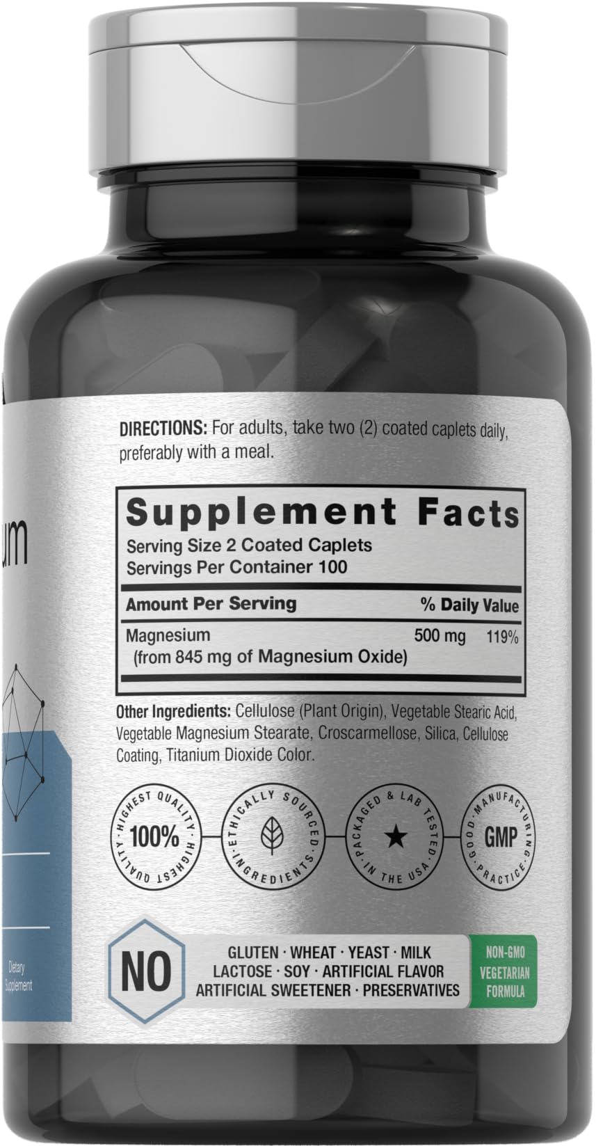 Back label showing supplement facts for Horbaach Magnesium Oxide 845 mg
