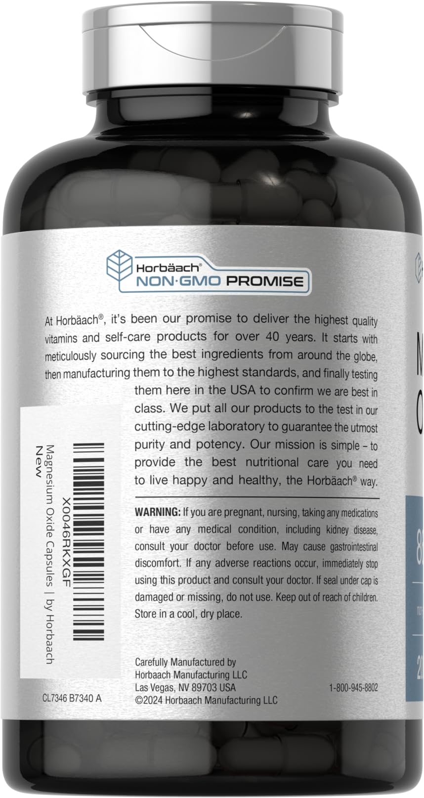 Label showing 865 mg Magnesium Oxide per capsule