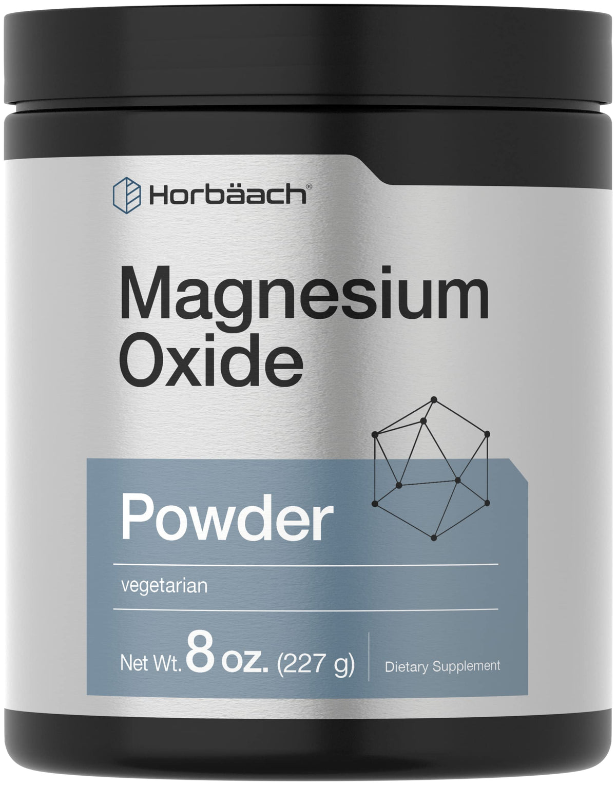 Horbäach Magnesium Oxide Powder bottle label showing 400 mg per serving