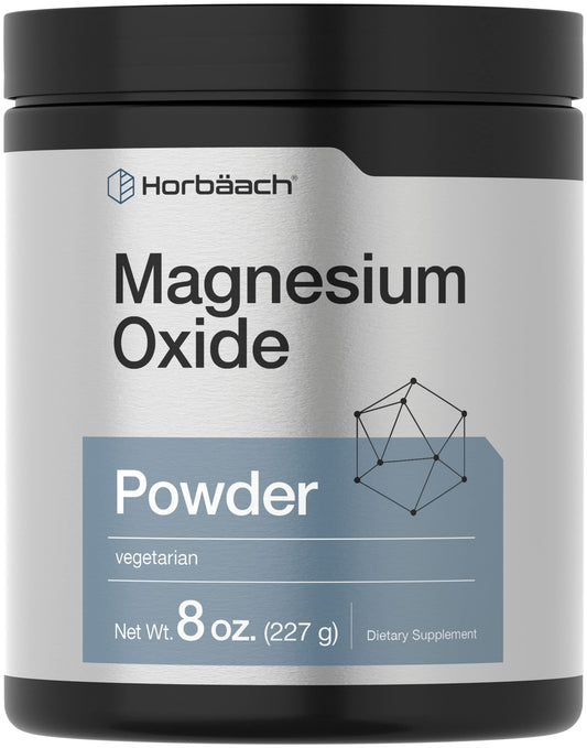 Horbäach Magnesium Oxide Powder bottle label showing 400 mg per serving
