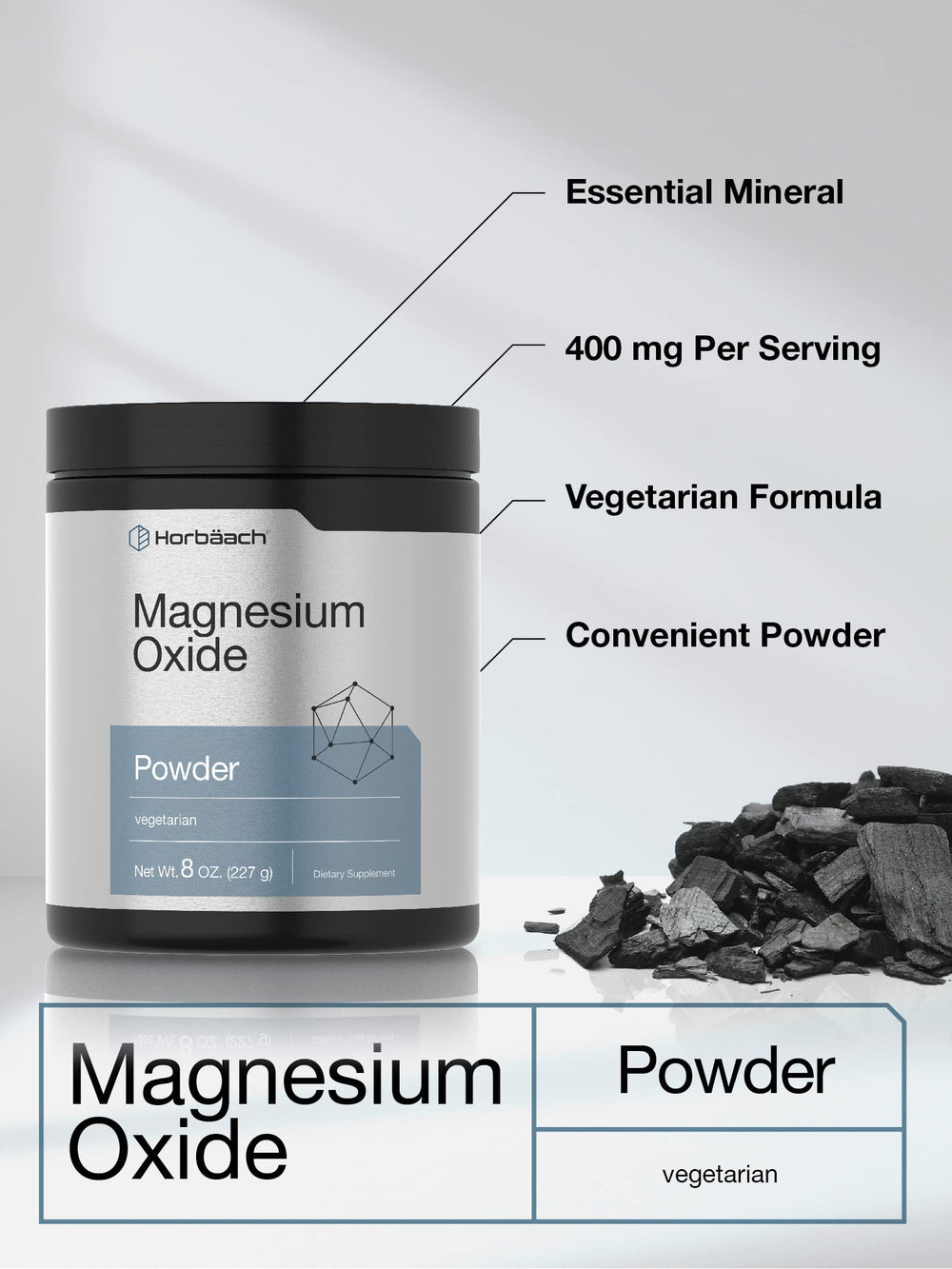 Nutrition facts label on Horbaach Magnesium Oxide Powder bottle