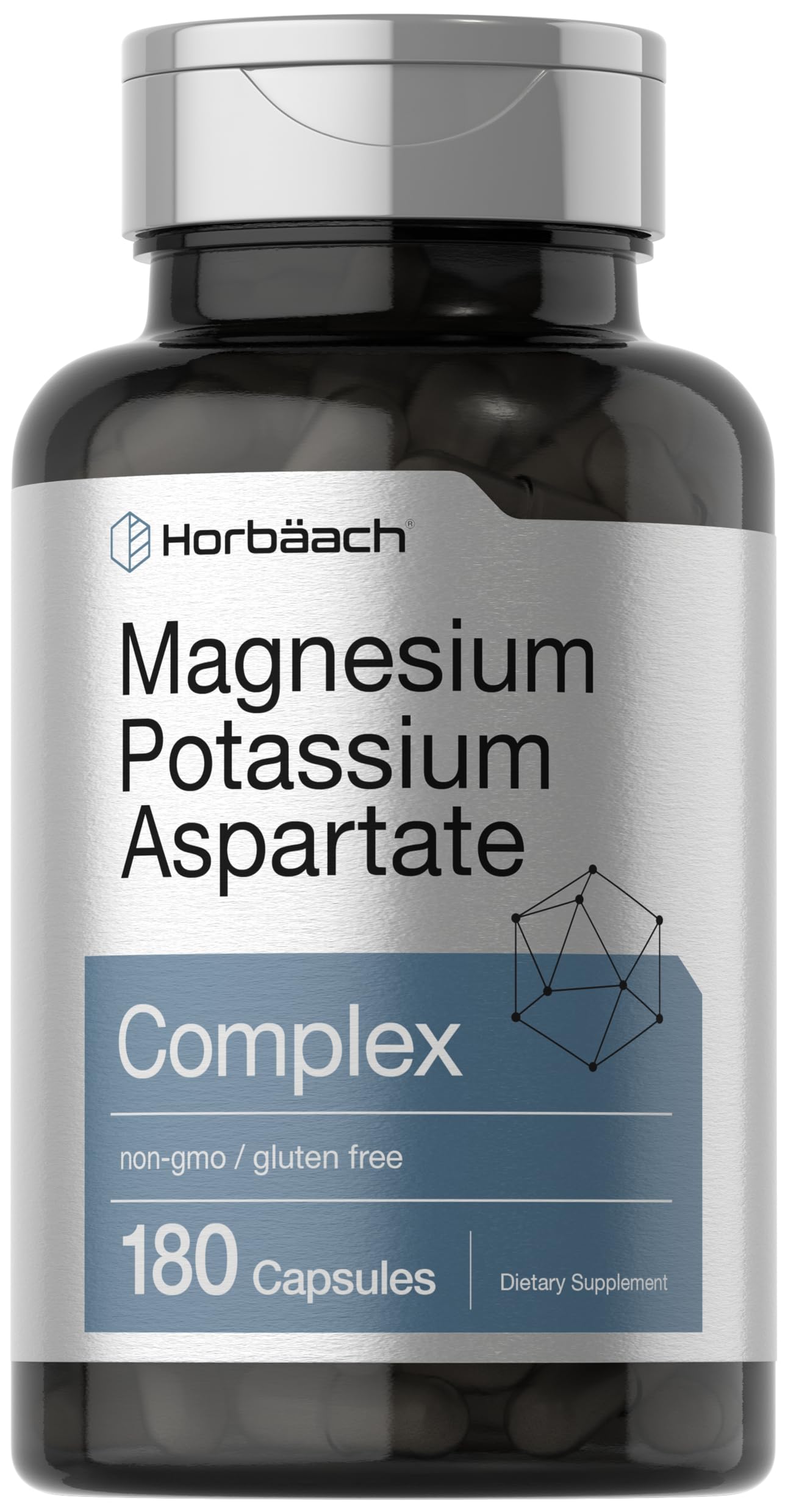 Bottle of Horbäach Magnesium Potassium Aspartate Complex, 180 capsules, front