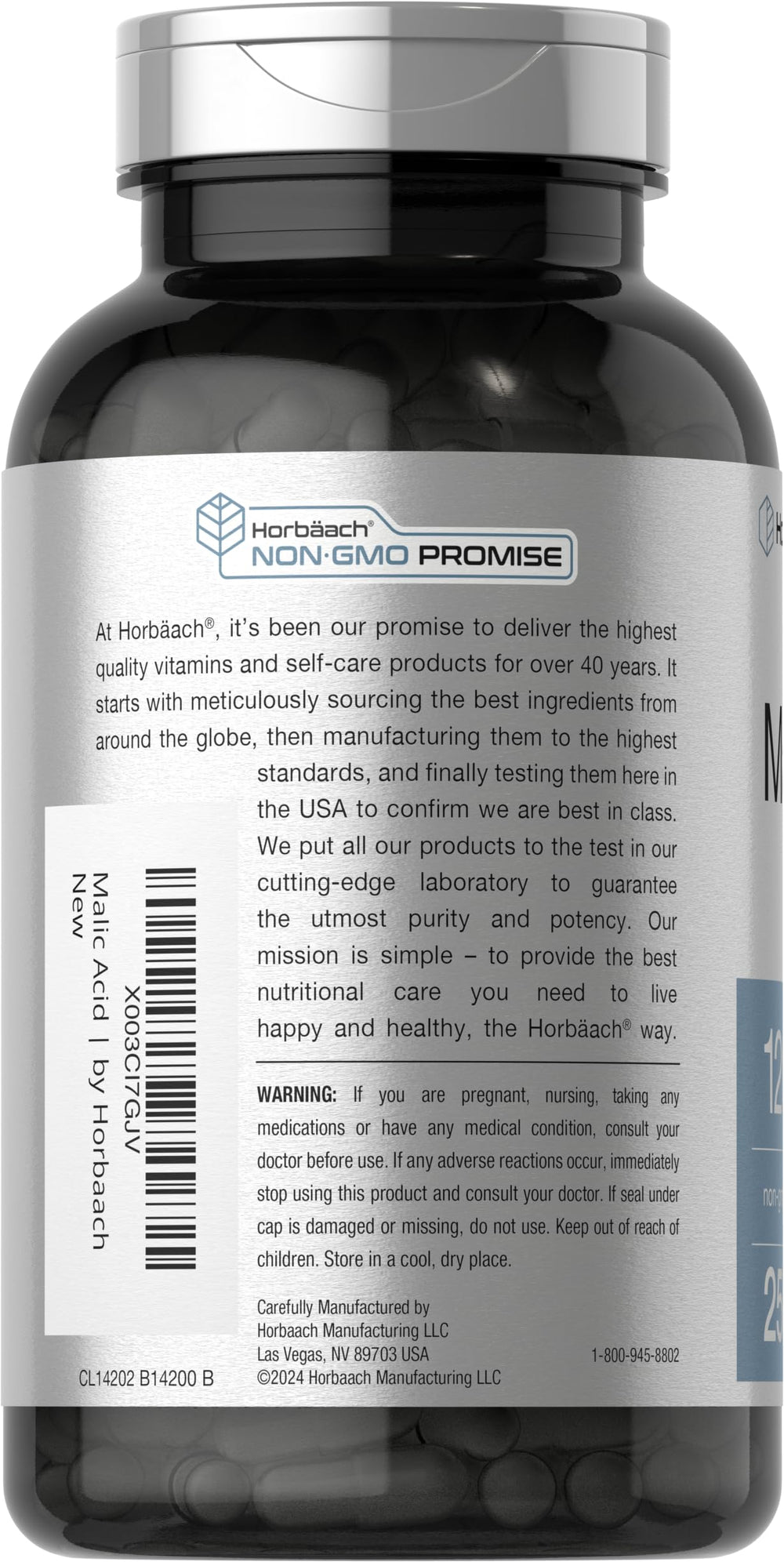 Supplement facts panel for Horbäach Malic Acid Capsules