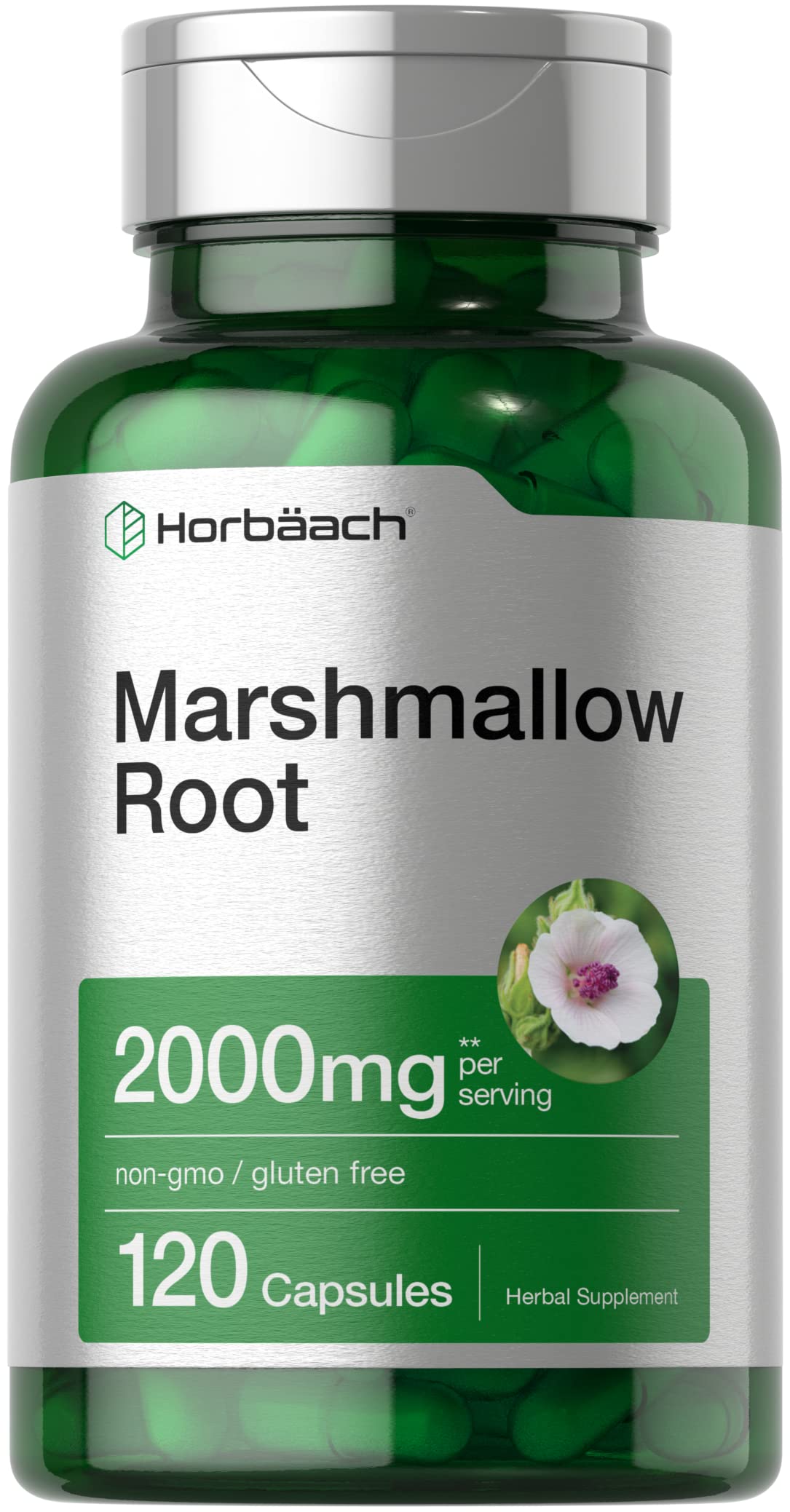 Bottle of Horbäach Marshmallow Root Capsules – 2000mg per serving, 120 count