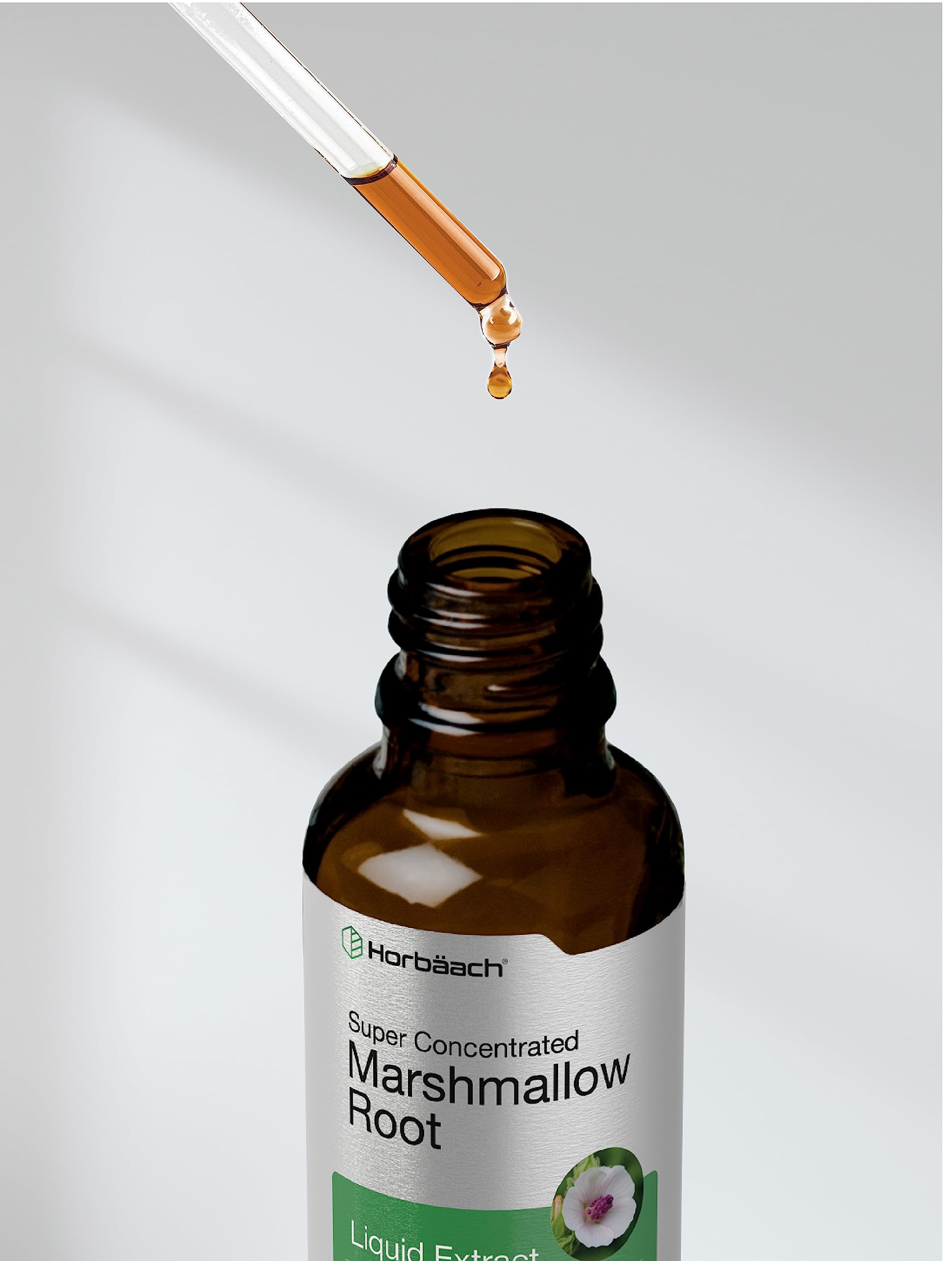 Product image showing Horbäach Marshmallow Root Extract Tincture with vegetarian, non-GMO, gluten-free claims