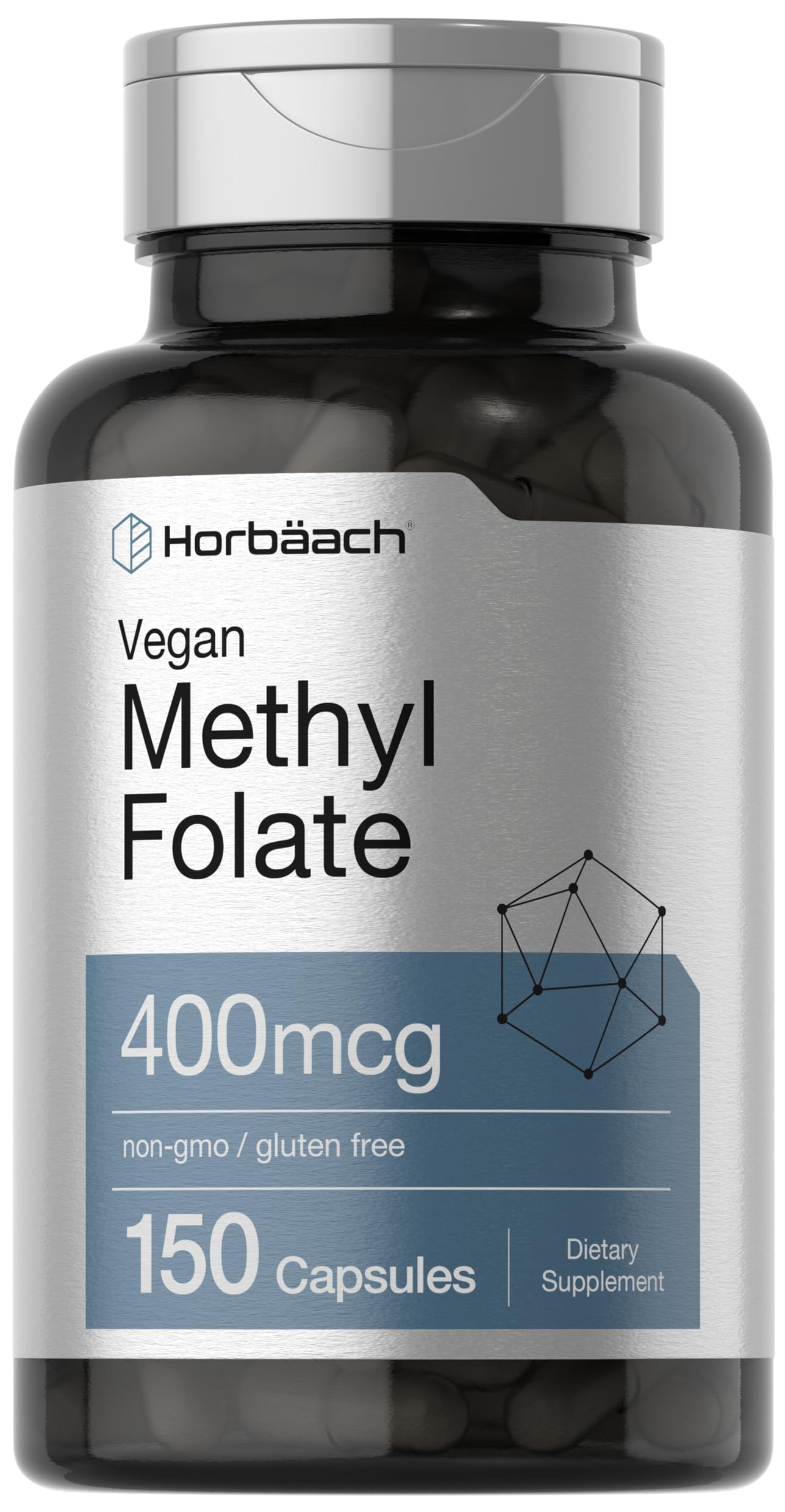 Horbäach Methyl Folate 400 mcg bottle and capsules - front view