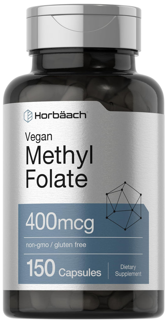 Horbäach Methyl Folate 400 mcg bottle and capsules - front view