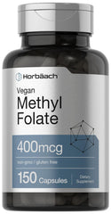 Horbäach Methyl Folate 400 mcg bottle and capsules - front view