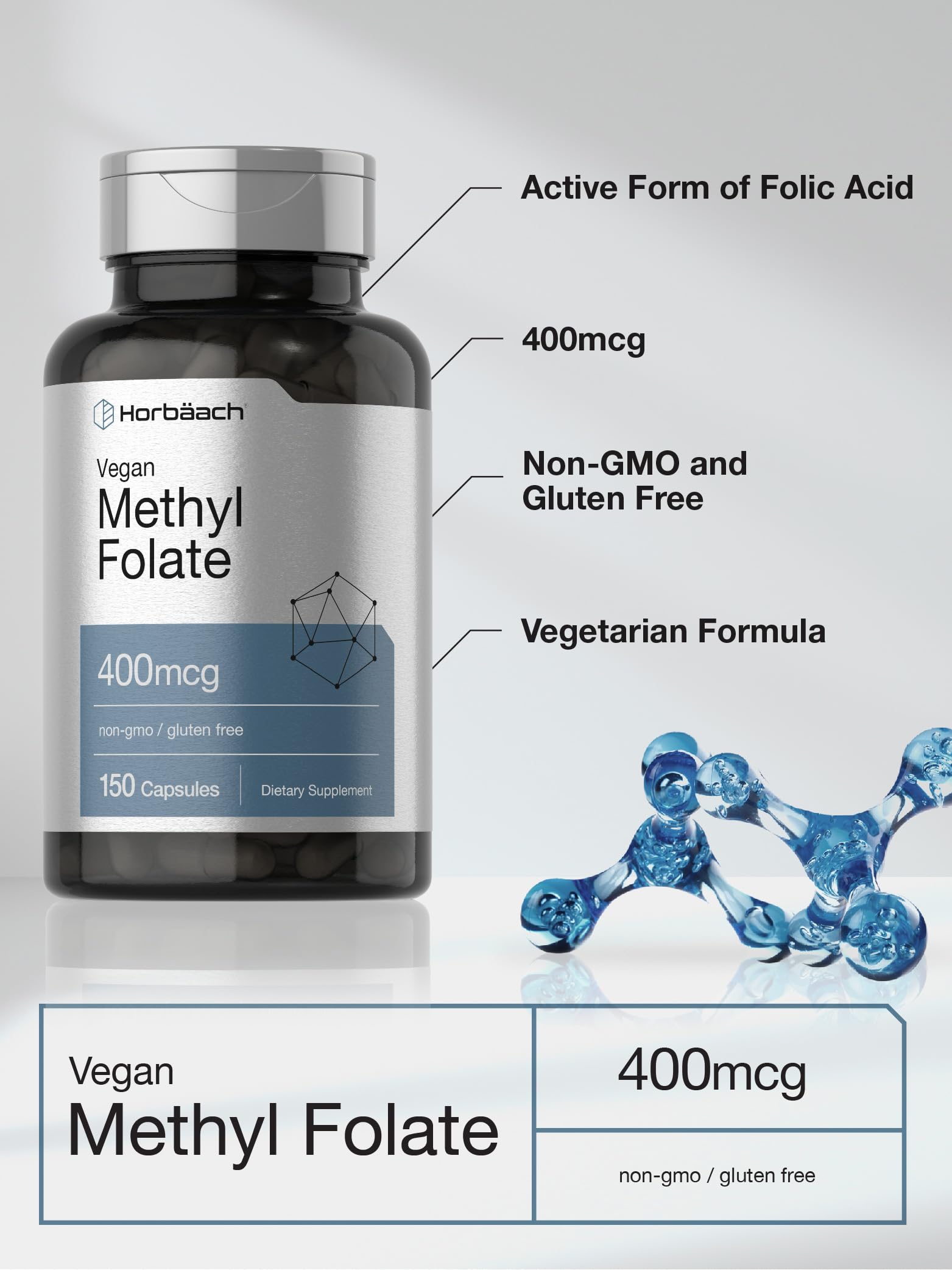 Supplement facts panel close-up on Horbäach Methyl Folate