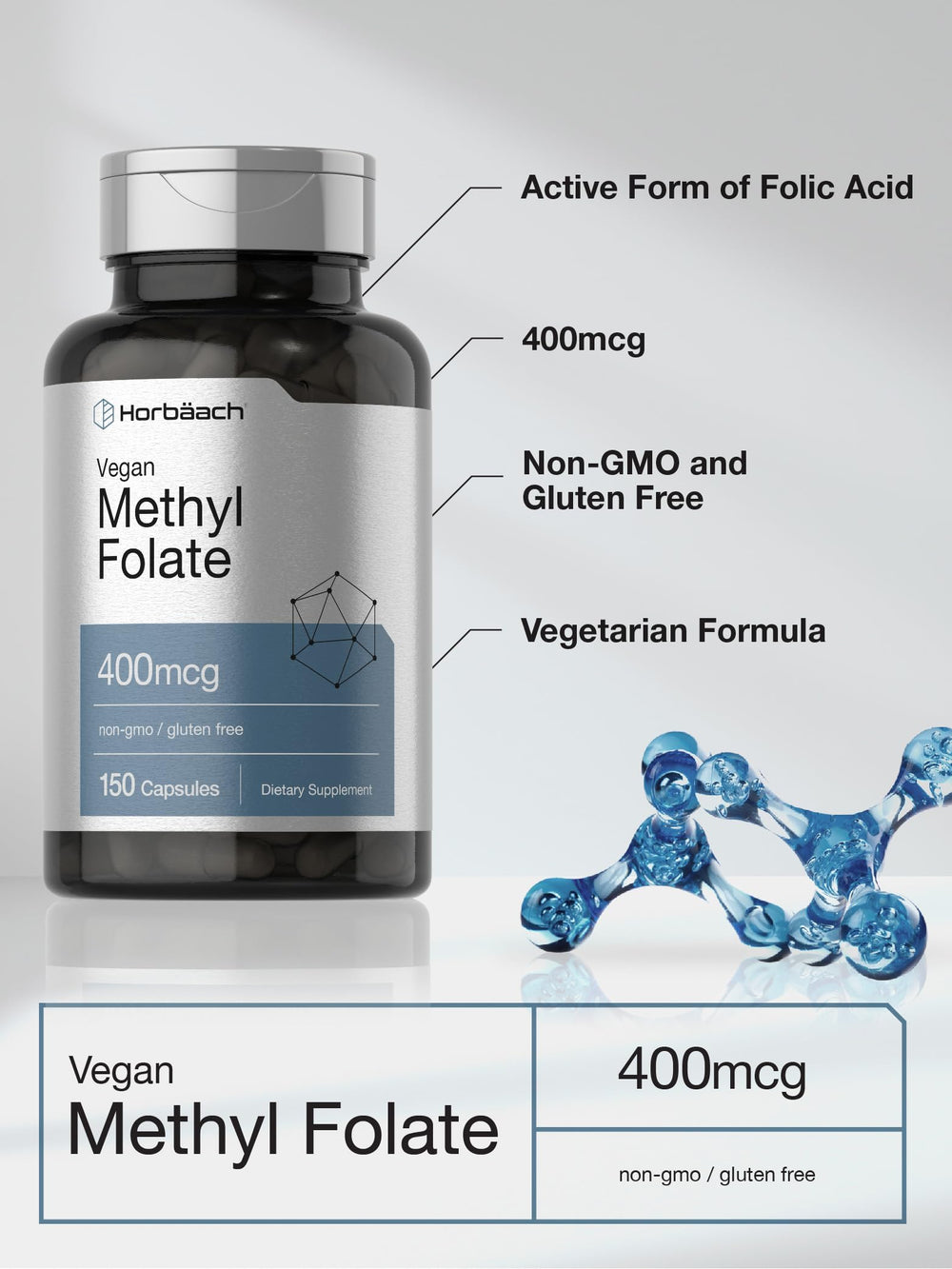 Supplement facts panel close-up on Horbäach Methyl Folate