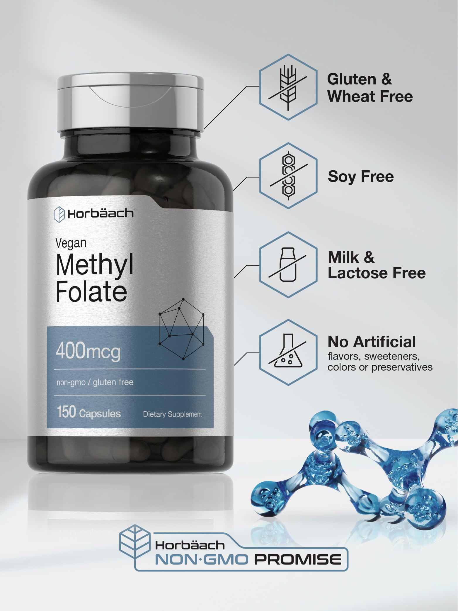 Non-GMO, gluten-free packaging of Horbäach Methyl Folate