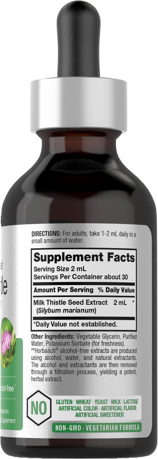 Close-up of Horbäach Milk Thistle Liquid Extract 2 oz label
