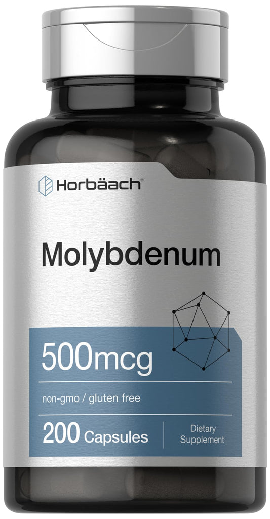 Horbaach Molybdenum supplement bottle showing 500 mcg per capsule