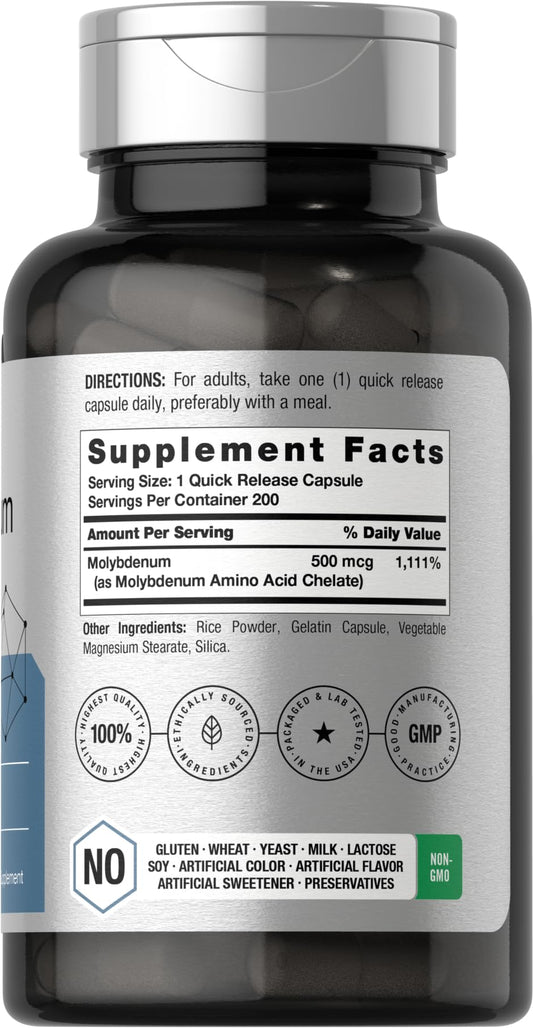 Close-up of molybdenum supplement capsules in bottle