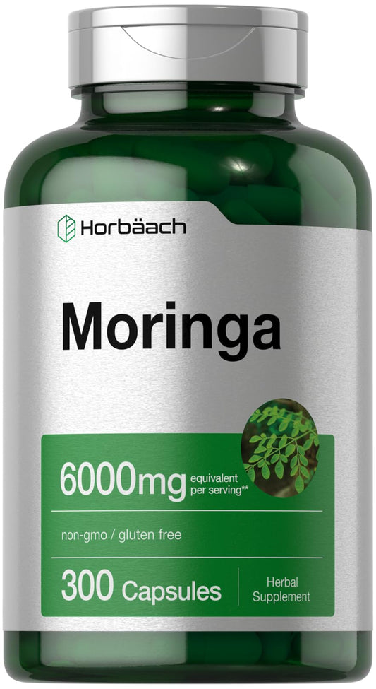 Front view of Horbaach Moringa Oleifera bottle with 6000mg 300 capsules