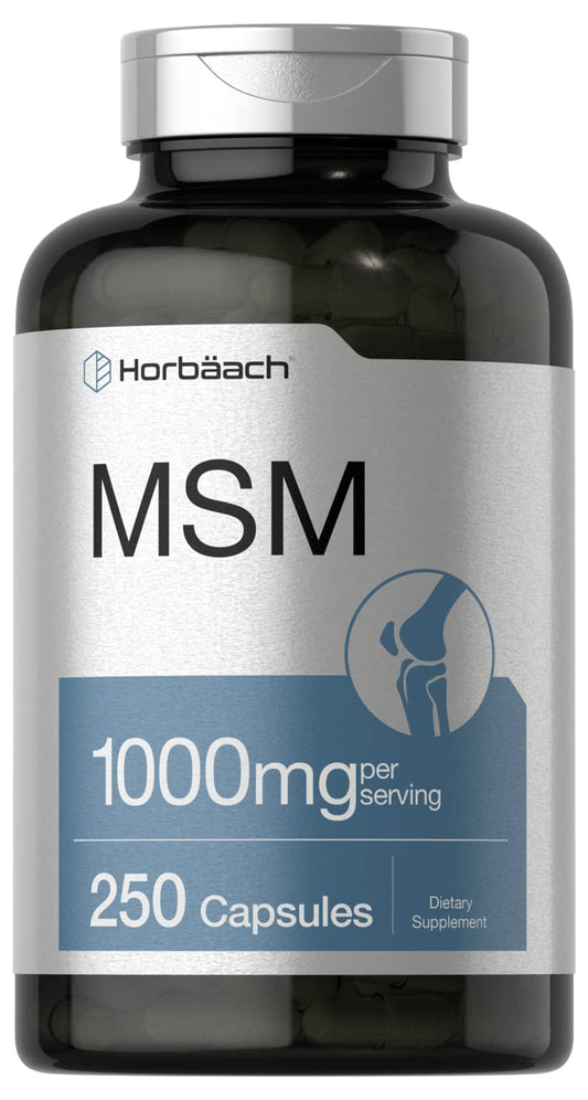Horbäach MSM supplement bottle with 1000mg per serving label