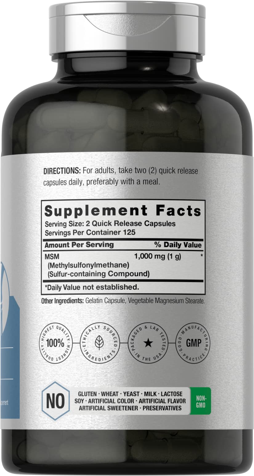 Close-up of Horbäach MSM capsules showing 1000 mg
