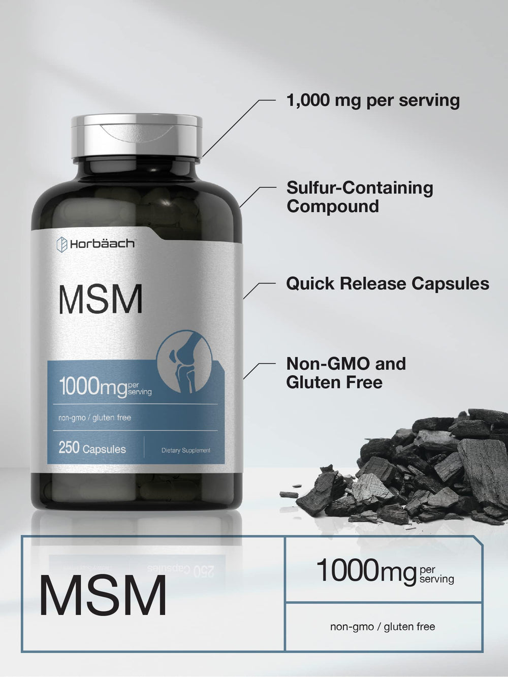 Non-GMO and gluten-free indicators on Horbäach MSM packaging