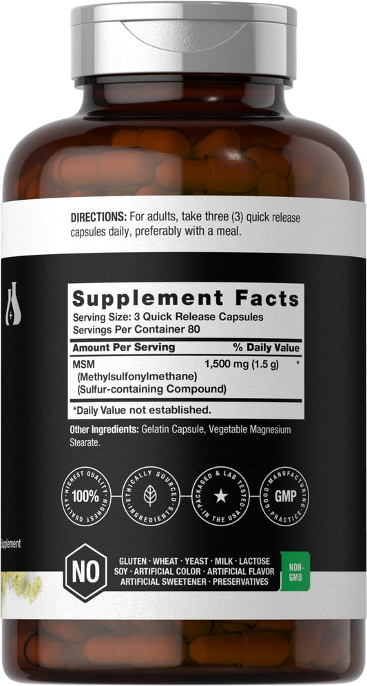 Close-up of Horbäach MSM 1500mg supplement label