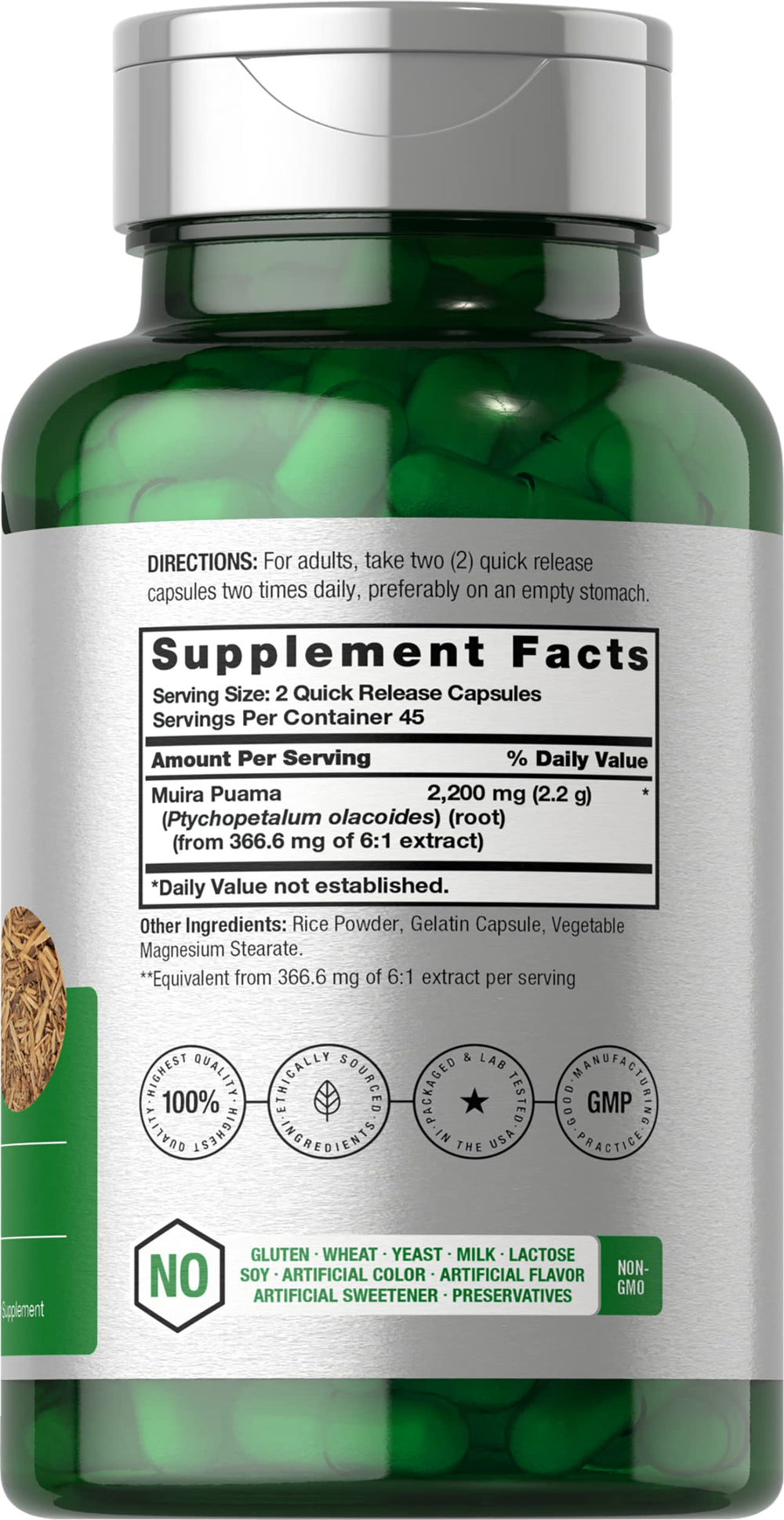 Close-up of Horbäach Muira Puama 2200 mg label on bottle