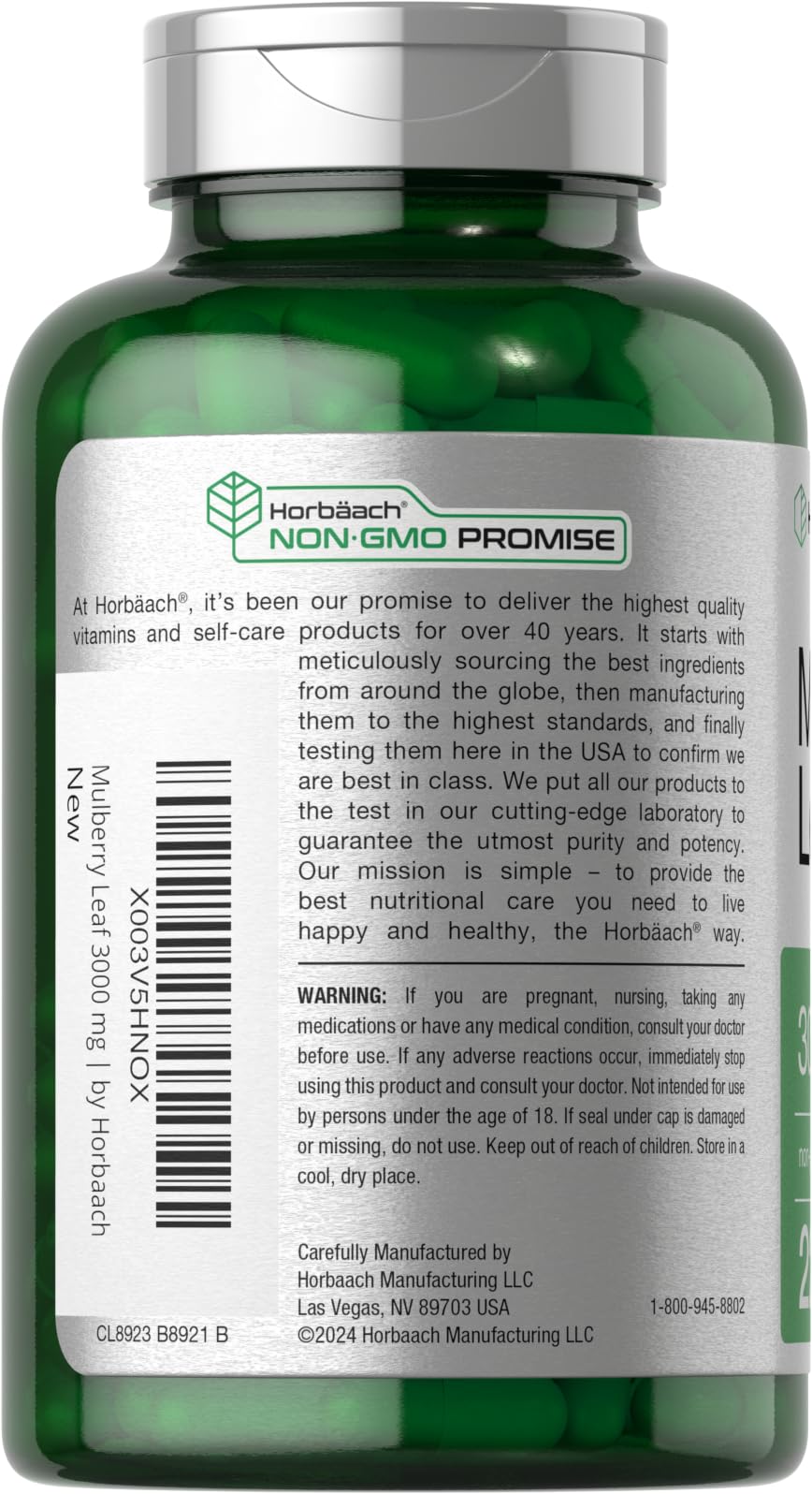 Close-up of Horbaach Mulberry Leaf Extract Capsules bottle