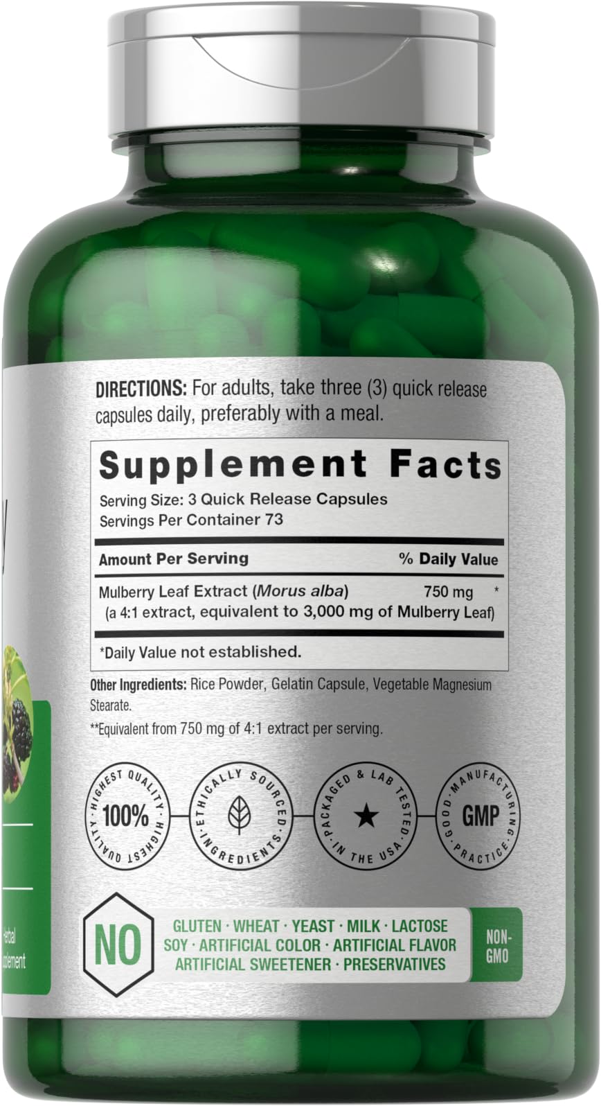 Bottle label showing product details for Horbaach Mulberry Leaf Extract Capsules