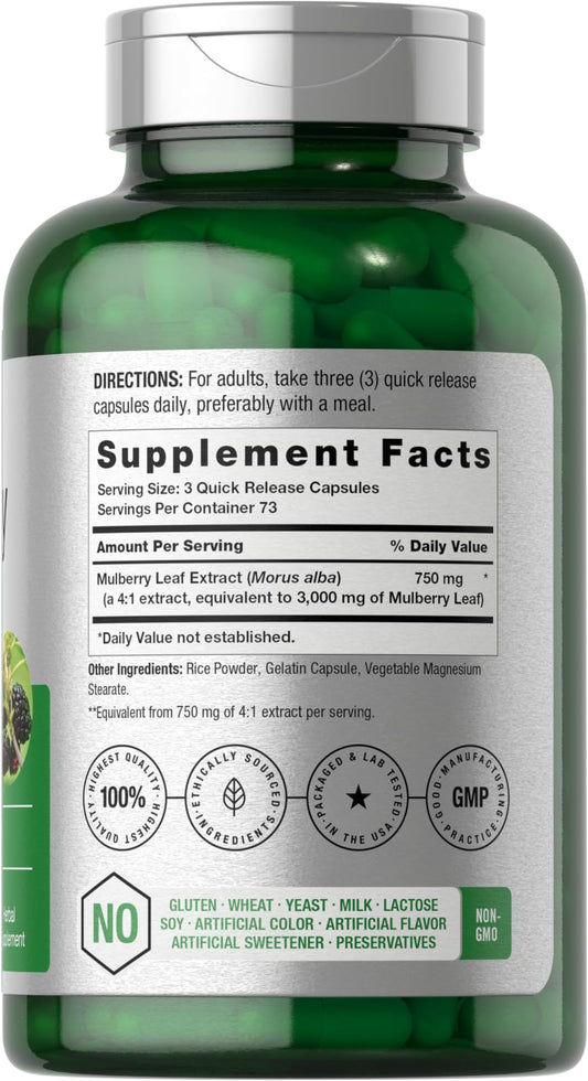 Bottle label showing product details for Horbaach Mulberry Leaf Extract Capsules