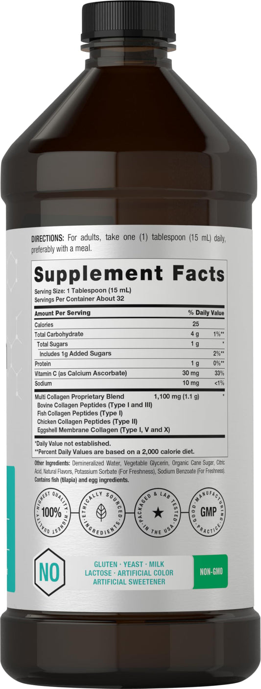 Liquid collagen peptides bottle showing Type I–X on label