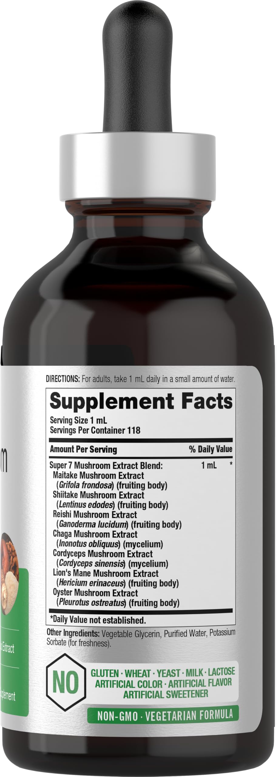 Close-up of Horbaach Mushroom Complex liquid drops bottle