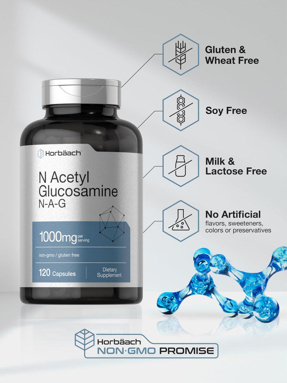 NAG supplement bottle with gluten-free and non-GMO claims