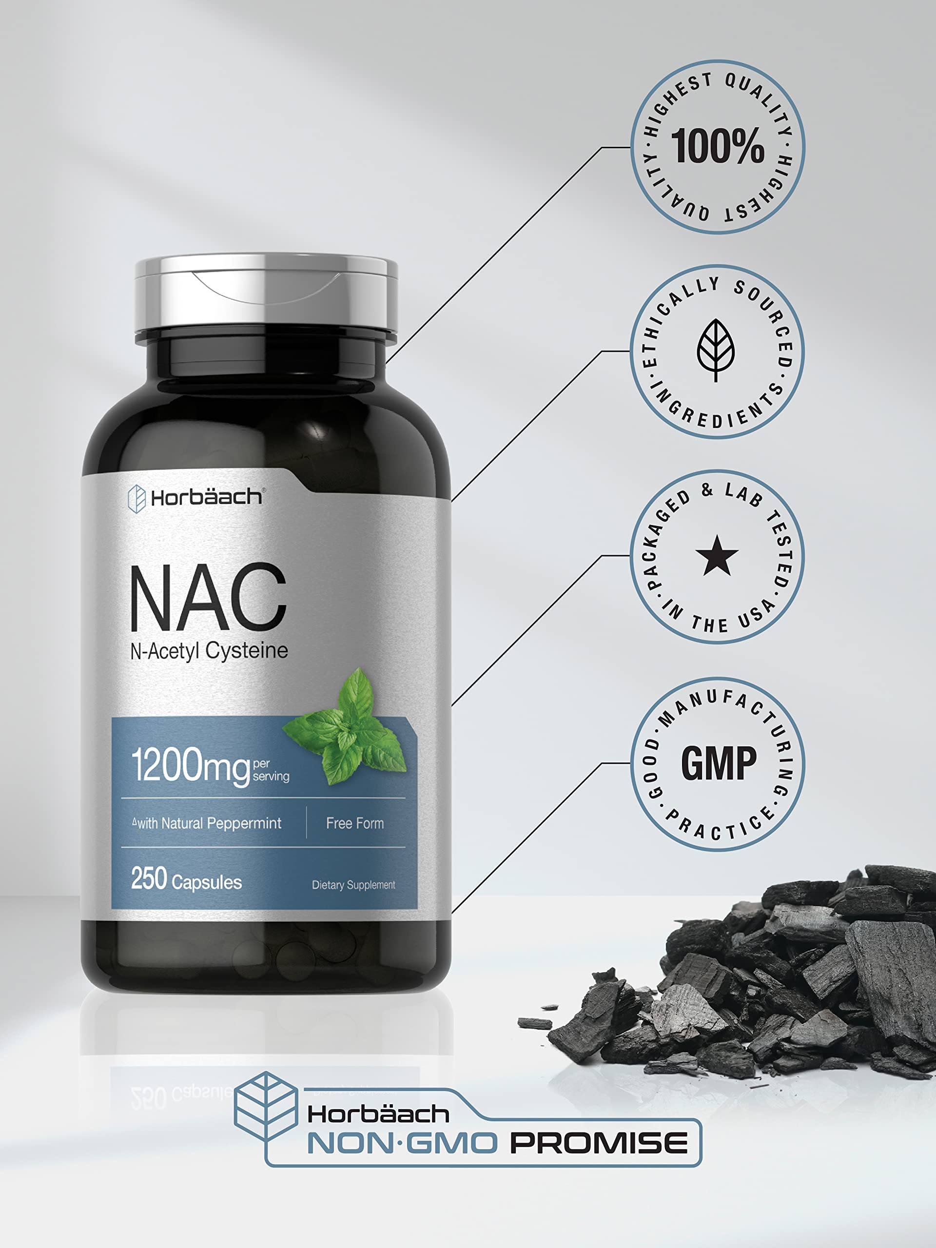 Bottle of Horbaach NAC N-Acetyl Cysteine 1200mg capsules