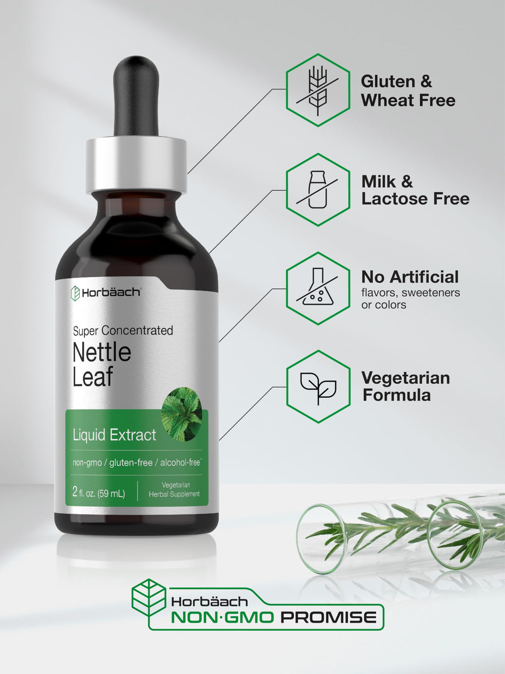 Lab-tested Horbäach quality seal on nettle extract label