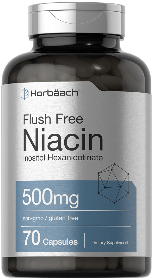 Horbaach Niacin 500mg bottle with 70 capsules