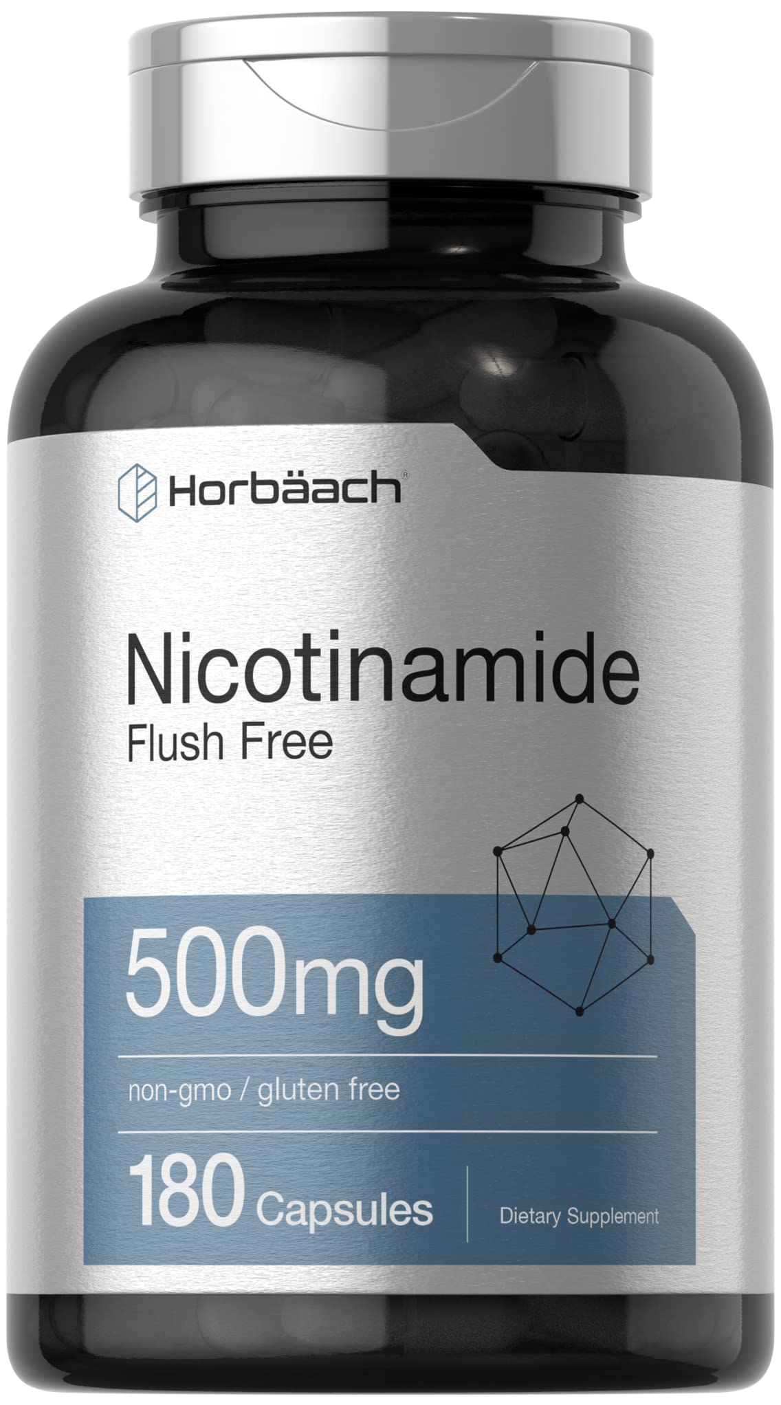 Horbäach Nicotinamide 500mg bottle with 180 capsules